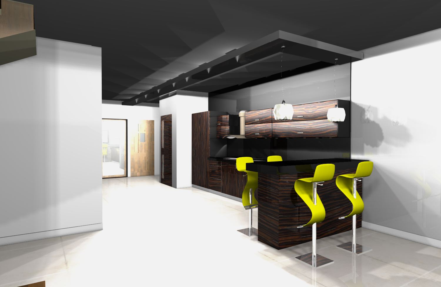 Wizualizacja nowoczesnej kuchni z barkiem, ciemne drewno z wyraźnym usłojeniem, jaskrawożółte krzesła barowe, minimalistyczne lampy wiszące i czarny sufit z punktowym oświetleniem.